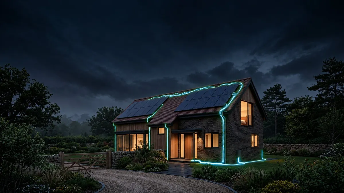 Brick house at dusk with solar panels on the roof, its wiring traced in glowing green light