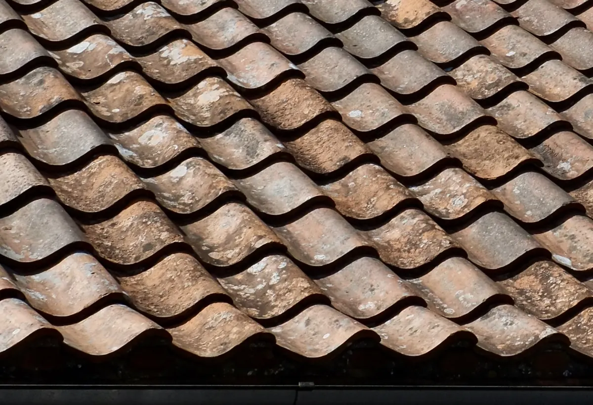 Close-up of weathered clay pantiles on a roof above a gutter